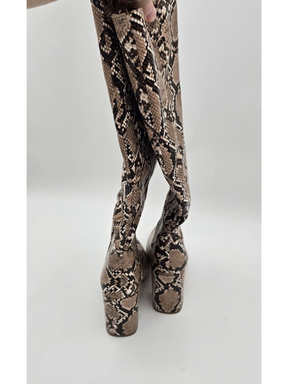 Snake Print Womens Knee-High Boots Size Unknown Brown Faux Leather Block Heel - Picture 4 of 8